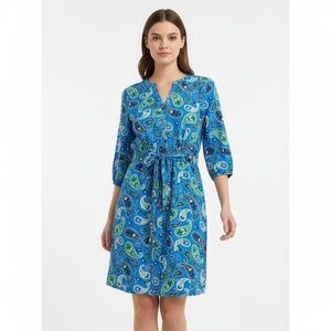 Croft & Barrow Women's Shirt Dress‎ XL Blue Paisley Cotton 3/4 Sleeve Tie Belt